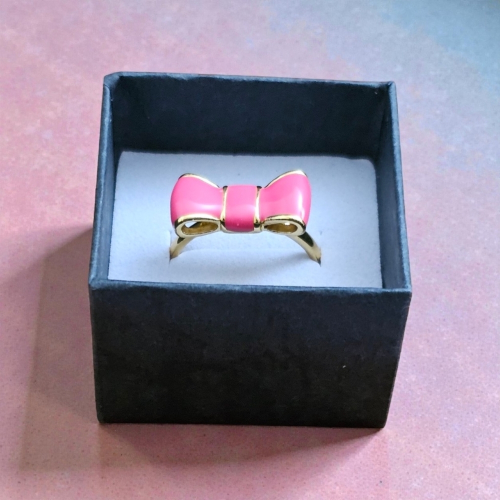 Gold Bow Ring with Pink Enamel